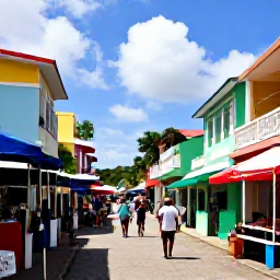 Caribbean Holidays, Cheap May Holidays, Colourful Port of Spain street scene with market stalls, tropical buildings and local people enjoying the city