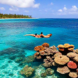 Caribbean Holidays, Cheap May Holidays, Couple snorkelling above a colourful coral reef in clear Caribbean water, with a peaceful island coastline in the background