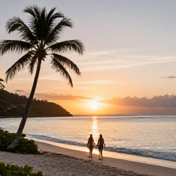 Caribbean Holidays, Cheap May Holidays, Couple walking along a quiet British Virgin Islands beach at sunset with calm sea, palm silhouettes and warm evening light