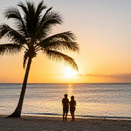 Caribbean Holidays, Cheap May Holidays, Couple watching a vivid Aruba sunset from a quiet beach, with warm golden light, calm sea and palm silhouettes