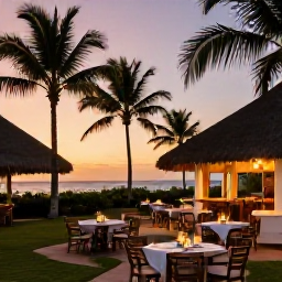 Caribbean Holidays, Cheap May Holidays, Friendly Puerto Rico resort evening with outdoor dining, palm trees and warm sunset light