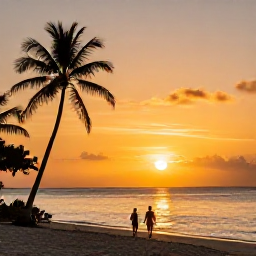 Caribbean Holidays, Cheap May Holidays, Golden Caribbean sunset over a calm beach in Tobago with silhouettes of palm trees and a couple walking along the shore