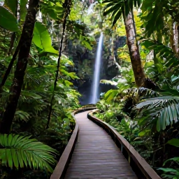 Caribbean Holidays, Cheap May Holidays, Lush El Yunque rainforest in Puerto Rico with a walking trail, tropical plants and a gentle waterfall