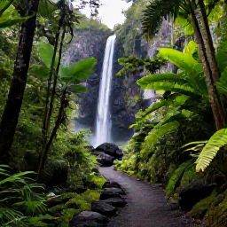 Caribbean Holidays, Cheap May Holidays, Lush rainforest trail on Saint Vincent leading towards a waterfall, with tropical foliage, volcanic rocks and soft sunlight