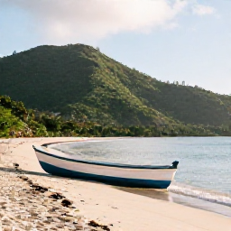 Caribbean Holidays, Cheap May Holidays, Quiet sandy beach on Tobago with a small fishing boat, lush green hills and soft morning light