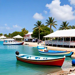 Caribbean Holidays, Cheap May Holidays, Relaxed Caribbean harbour in Road Town, Tortola, with colourful boats, palm trees and a casual waterfront restaurant