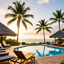 Caribbean Holidays, Cheap May Holidays, Relaxed Caribbean hotel terrace with swimming pool, palm trees and sunset light in Trinidad and Tobago