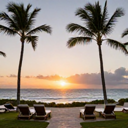 Caribbean Holidays, Cheap May Holidays, Relaxed Dominican Republic resort at sunset in May, with palm trees, a glowing sky, comfortable sun loungers and the Caribbean Sea