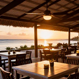 Caribbean Holidays, Cheap May Holidays, Relaxed outdoor Caribbean restaurant in Providenciales at sunset, fresh seafood, simple tables and warm evening light