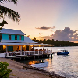 Caribbean Holidays, Cheap May Holidays, Relaxed waterfront restaurant in the Grenadines at sunset, with fresh seafood, colourful buildings and diners enjoying a calm evening