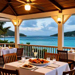 Caribbean Holidays, Cheap May Holidays, Traditional Caribbean restaurant terrace beside the sea in the United States Virgin Islands, with fresh seafood and relaxed evening atmosphere