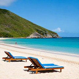 Caribbean Holidays, Cheap May Holidays, Visitors relaxing on a quiet Caribbean beach in May, comfortable loungers, clear blue water and green hills in the background