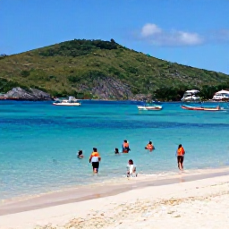 Caribbean Holidays, Cheap May Holidays, Visitors swimming and relaxing on Anse Dufour beach in Martinique, with clear water, green hills and fishing boats