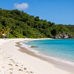 Caribbean Holidays, Cheap May Holidays, White sandy beach and calm blue sea on St John, United States Virgin Islands, surrounded by lush green forest