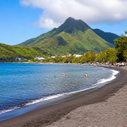 Caribbean Holidays, Cheap Montserrat Holidays, Visitors swimming and relaxing beside a peaceful black-sand beach on Montserrat, with green hills in the background
