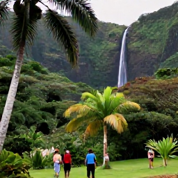 Caribbean Holidays, Cheap Nature Holidays, Travellers walking through a Caribbean rainforest towards a waterfall, with palms and dramatic green mountains