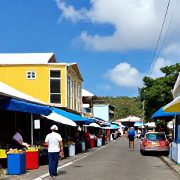 Caribbean Holidays, Cheap November, Colourful Roseau street in Dominica with local market stalls, Caribbean architecture and friendly everyday activity