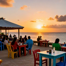 Caribbean Holidays, Cheap November Cura&ccedil;ao, Friendly outdoor Cura&ccedil;ao restaurant serving local Caribbean food at sunset, with colourful tables and relaxed diners