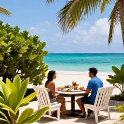Caribbean Holidays, Cheap November Grenada, A couple enjoying a relaxed Grenada holiday on a small beach terrace, with tropical greenery, local food and the Caribbean sea beyond