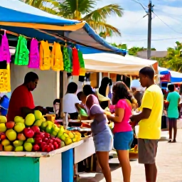 Caribbean Holidays, Cheap November Holidays, A colourful Caribbean market street with local food stalls, tropical fruit, crafts and friendly people in warm November sunshine