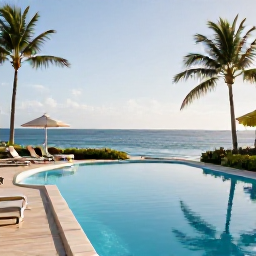 Caribbean Holidays, Cheap November Holidays, A comfortable Caribbean hotel pool overlooking the sea, with palm trees and a couple relaxing in warm November sunshine