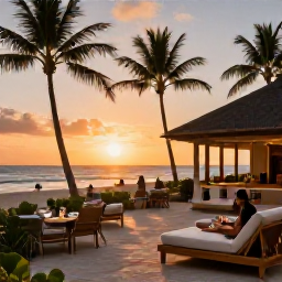 Caribbean Holidays, Cheap November Holidays, A comfortable Caribbean hotel terrace overlooking a palm-fringed beach at sunset, with relaxed travellers enjoying drinks