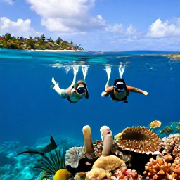 Caribbean Holidays, Cheap November Holidays, A couple snorkelling above a colourful Caribbean coral reef with clear blue water, tropical fish and a bright coastal landscape