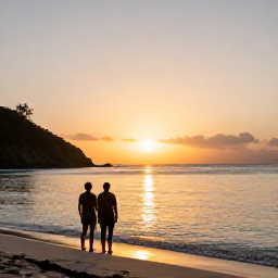 Caribbean Holidays, Cheap November Holidays, A couple watching the sunset from a peaceful Guadeloupe shoreline, with warm evening light over the sea