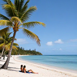 Caribbean Holidays, Cheap November Holidays, A peaceful Saint Lucia beach with palm trees, calm blue sea and a couple relaxing on the sand in November