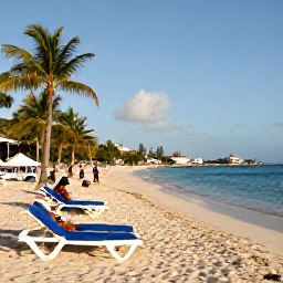 Caribbean Holidays, Cheap November Holidays, A relaxed white-sand beach on Saint Martin with calm blue water, palm trees, sun loungers and a few visitors enjoying a peaceful November afternoon