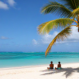 Caribbean Holidays, Cheap November Holidays, A sunny Caribbean beach in November with turquoise water, soft white sand, palm trees and a relaxed couple enjoying the view