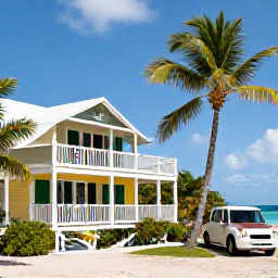 Caribbean Holidays, Cheap November Holidays, A welcoming budget-friendly guesthouse near a tropical beach in the United States Virgin Islands, with palm trees and a small rental car outside