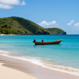 Caribbean Holidays, Cheap November Holidays, Bright tropical beach on Saint Vincent with calm turquoise water, green hills and a small wooden boat, realistic Caribbean travel photography