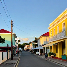 Caribbean Holidays, Cheap November Holidays, Colourful Basseterre street in Saint Kitts with historic buildings, local shops and visitors walking in warm November sunshine