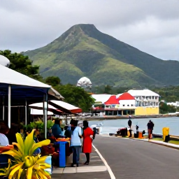 Caribbean Holidays, Cheap November Holidays, Colourful Kingstown waterfront and market streets in Saint Vincent, with local shoppers, tropical plants and green mountains in the background
