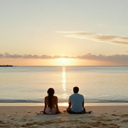 Caribbean Holidays, Cheap November Holidays, Couple relaxing on a quiet beach in Turks and Caicos at sunset, with calm sea and warm evening light