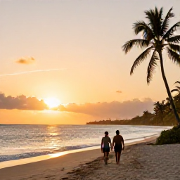 Caribbean Holidays, Cheap November Holidays, Couple walking along a quiet Antigua beach at sunset with golden light, calm sea and palm silhouettes