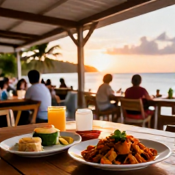 Caribbean Holidays, Cheap November Holidays, Friendly Caribbean restaurant terrace at sunset in Trinidad and Tobago, with colourful local dishes and relaxed diners