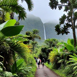 Caribbean Holidays, Cheap November Holidays, Lush Guadeloupe rainforest trail leading towards a waterfall, with hikers, tropical plants and misty green mountains