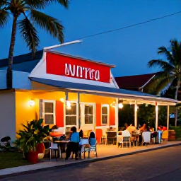 Caribbean Holidays, Cheap November Holidays, Outdoor Caribbean caf&eacute; in Antigua serving local food, with colourful buildings, palm trees and friendly evening atmosphere