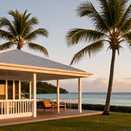 Caribbean Holidays, Cheap November Holidays, Relaxed Caribbean hotel near a Saint Kitts beach with a simple outdoor terrace, palm trees and warm evening light