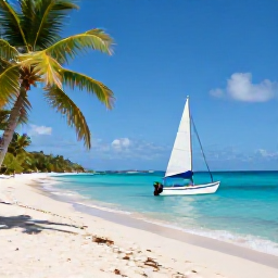 Caribbean Holidays, Cheap November Holidays, Small sailing boat approaching the sandy beach of Bequia in the Grenadines, clear blue sea, palm trees and relaxed island atmosphere