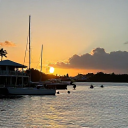Caribbean Holidays, Cheap November Holidays, Sunset over Tortola harbour in the British Virgin Islands, warm evening light, boats at anchor and waterfront restaurants