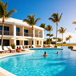 Caribbean Holidays, Cheap November Holidays, Travellers relaxing beside a bright blue hotel pool in Punta Cana, Dominican Republic, with palm trees and November sunshine