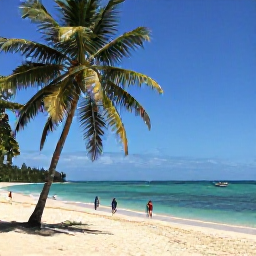 Caribbean Holidays, Cheap November Holidays, Visitors walking along a quiet sandy beach in Tobago beneath coconut palms, with clear sea and small fishing boats in the distance