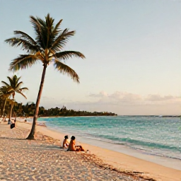 Caribbean Holidays, Cheap November Jamaica, A relaxed Jamaican beach at golden hour in November, clear turquoise water, palm trees and a few holidaymakers enjoying the sand