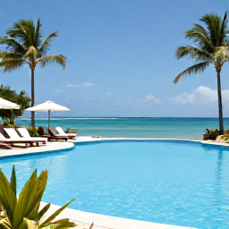 Caribbean Holidays, Cheap November Jamaica, Bright Jamaican resort pool beside the sea with loungers, tropical plants and blue sky, representing good-value November accommodation