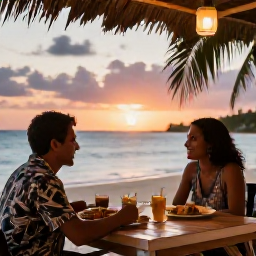 Caribbean Holidays, Cheap November Jamaica, Friendly couple enjoying a sunset at a Jamaican seaside restaurant, with local food, soft evening light and a relaxed Caribbean setting