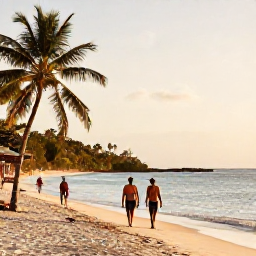 Caribbean Holidays, Cheap November Jamaica, Travellers walking along Seven Mile Beach in Negril in warm November sunshine, with calm sea, palm trees and a relaxed Jamaican atmosphere