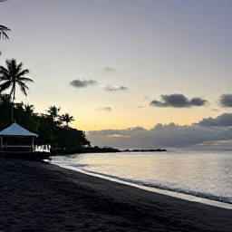 Caribbean Holidays, Cheap November, Mero Beach in Dominica at sunset, with dark volcanic sand, calm Caribbean water and a small beach bar